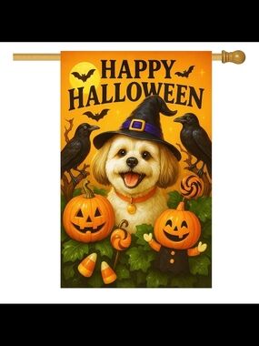 Halloween Shih Tzu Garden Flag 28 x 40 Inch Double Sided House Flag with Witch H